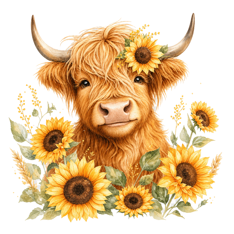 Highland cow with sunflowers